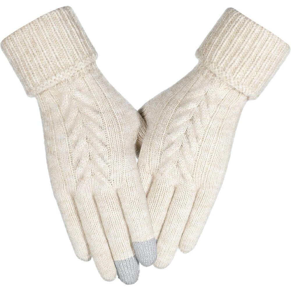 Women's White Stylish Winter Warm Elastic Soft Knit Acrylic Lined Gloves Design